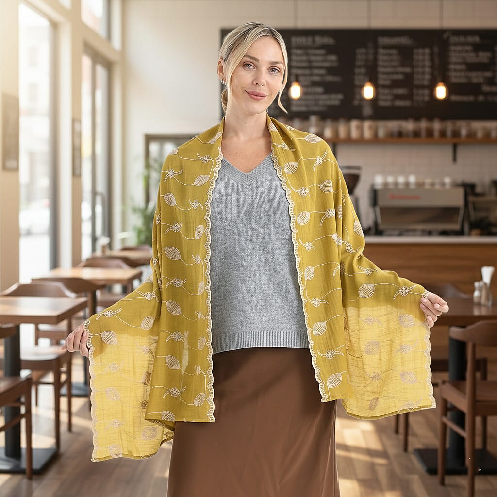 Super Soft Oversized Floral Embroidery Scarf (180 x 65cm) - Mehandi Green