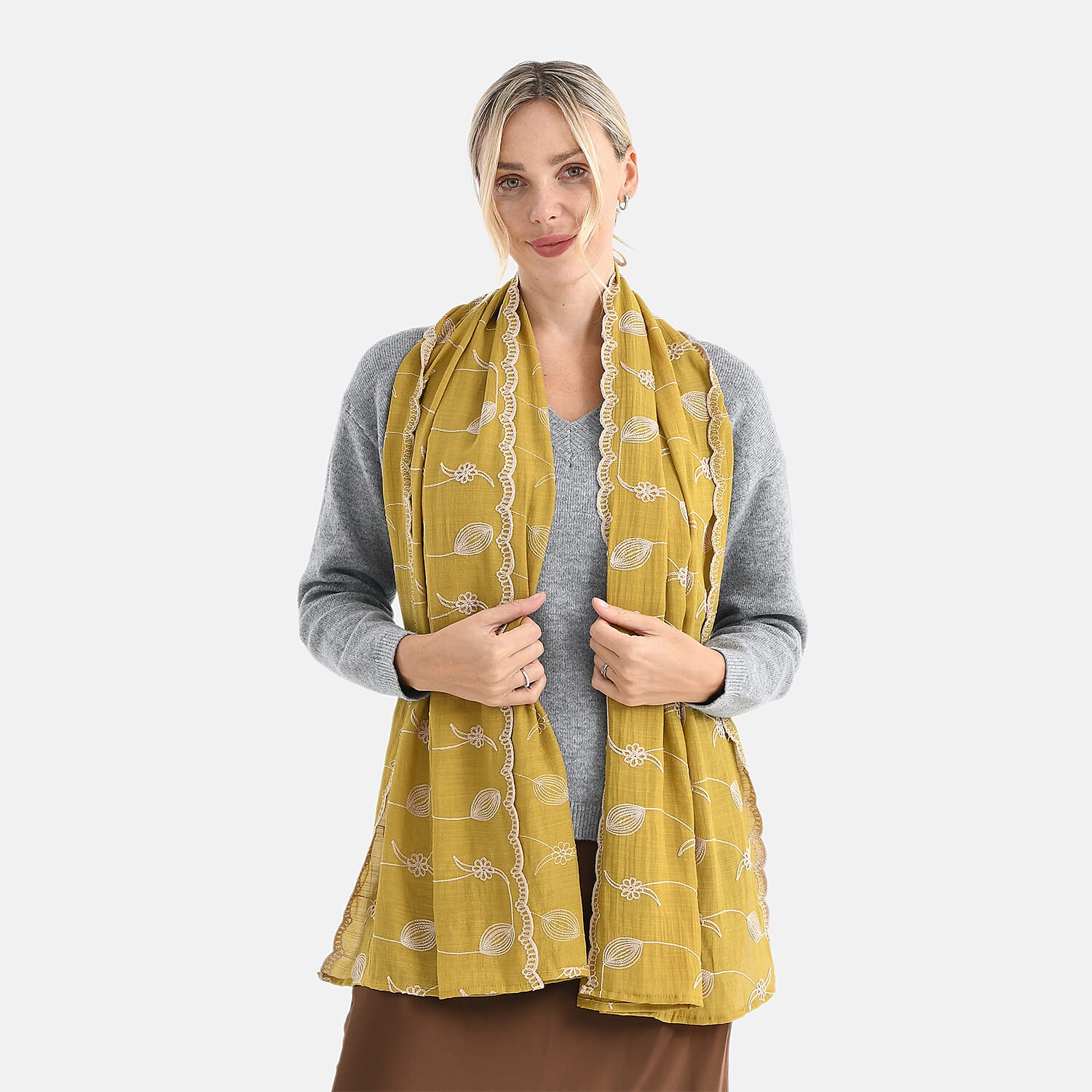 Super Soft Oversized Floral Embroidery Scarf (180 x 65cm) - Mehandi Green