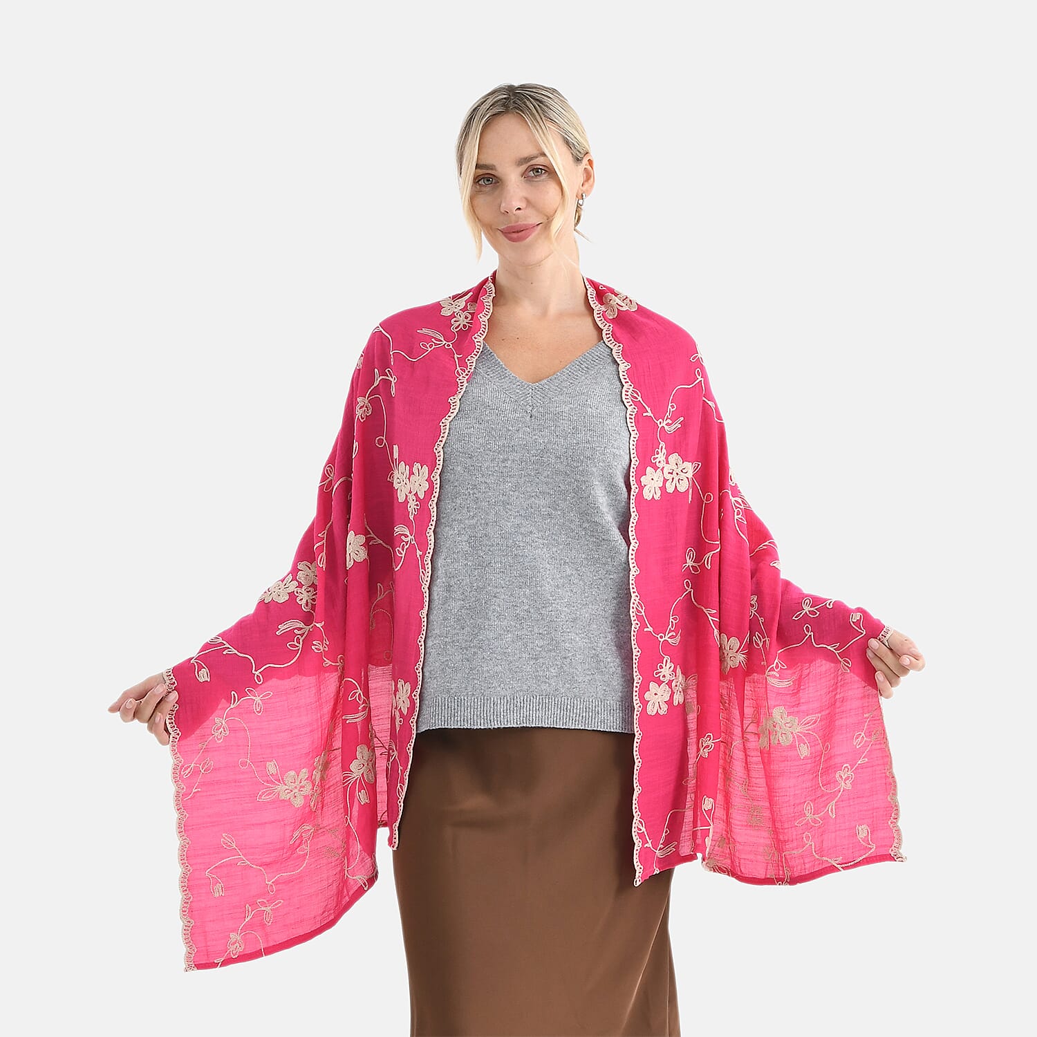 Super Soft Oversized Floral Embroidery Scarf (180 x 65cm) - Pink