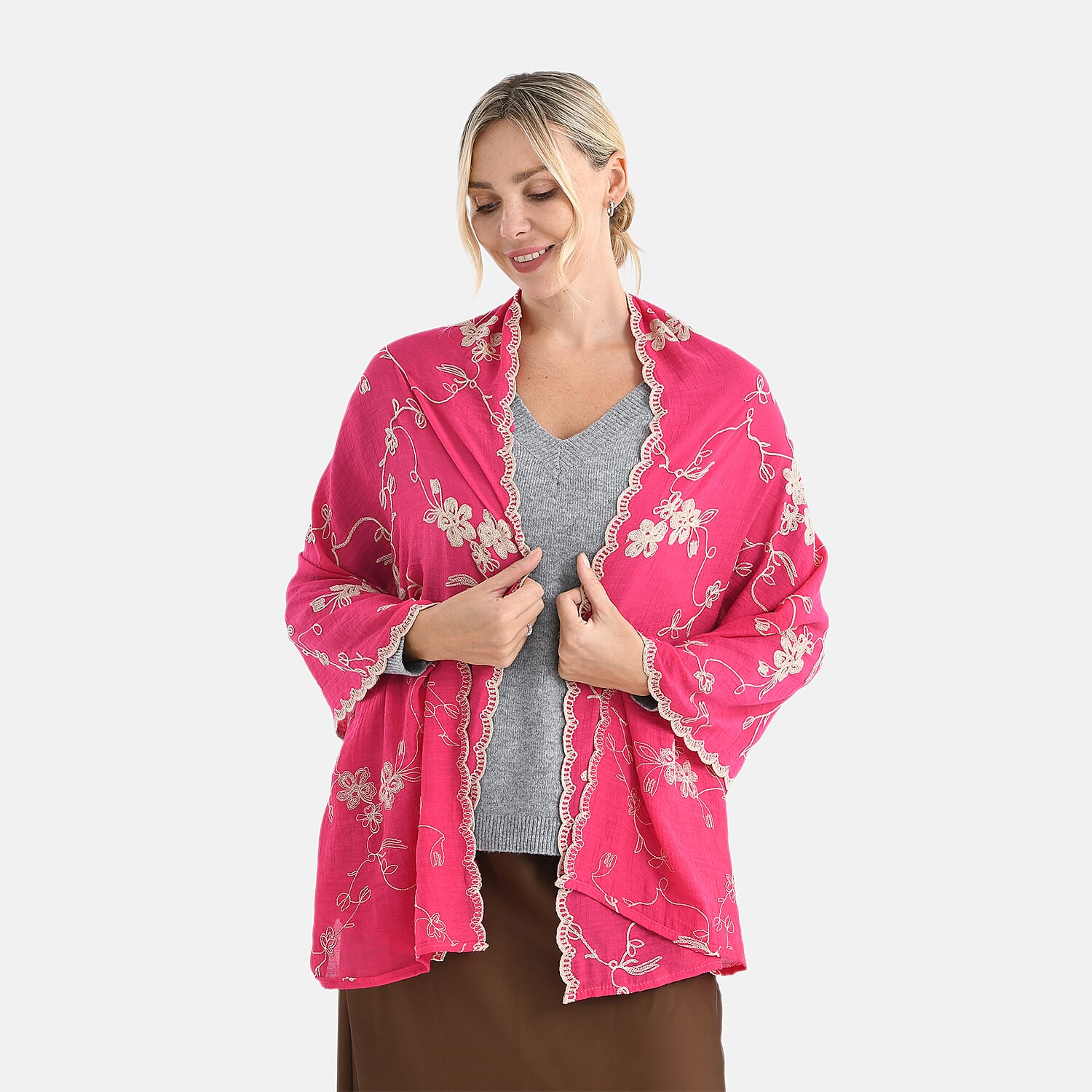 Super Soft Oversized Floral Embroidery Scarf (180 x 65cm) - Pink