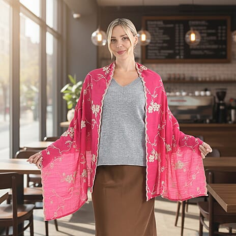 Super Soft Oversized Floral Embroidery Scarf (180 x 65cm) - Pink