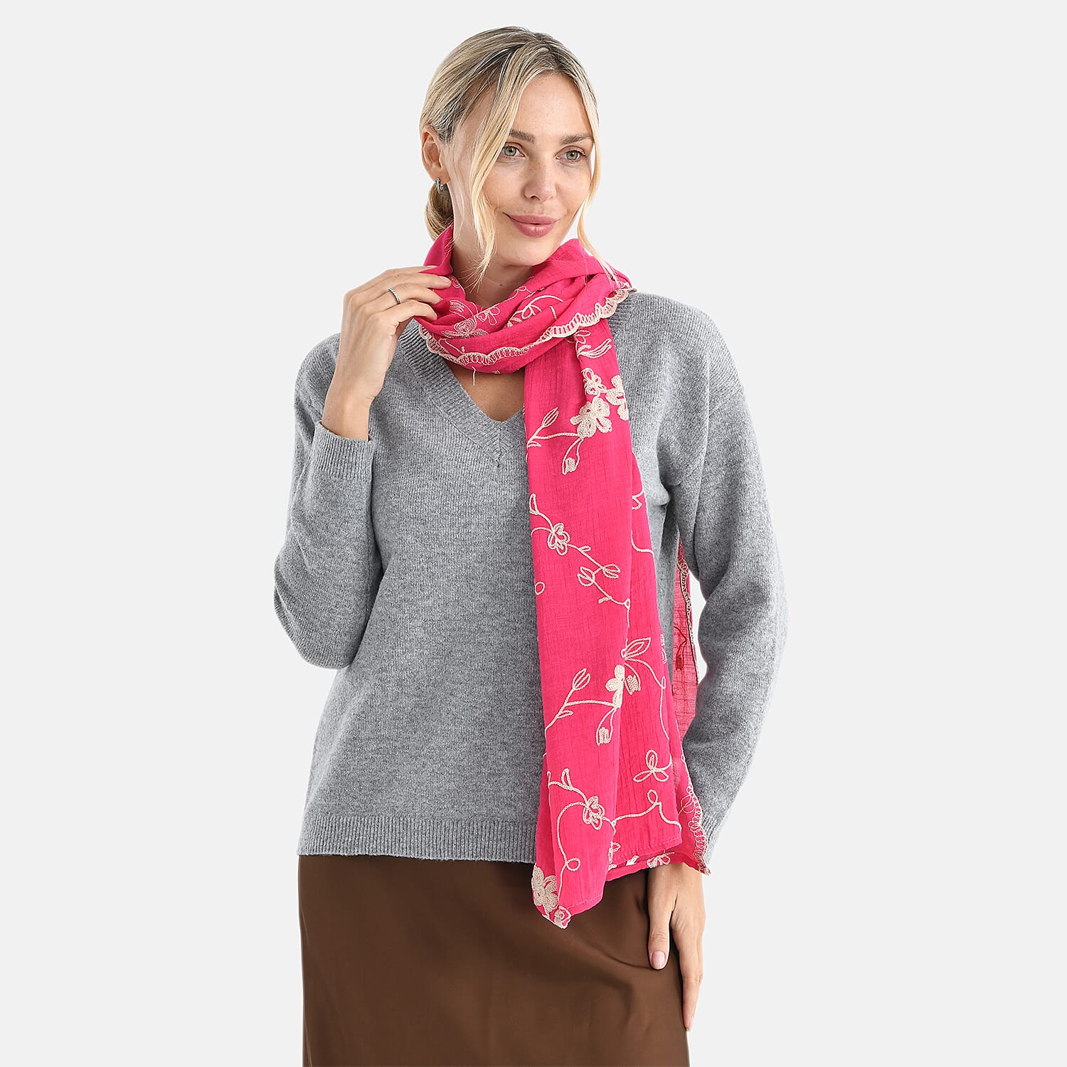Super Soft Oversized Floral Embroidery Scarf (180 x 65cm) - Pink