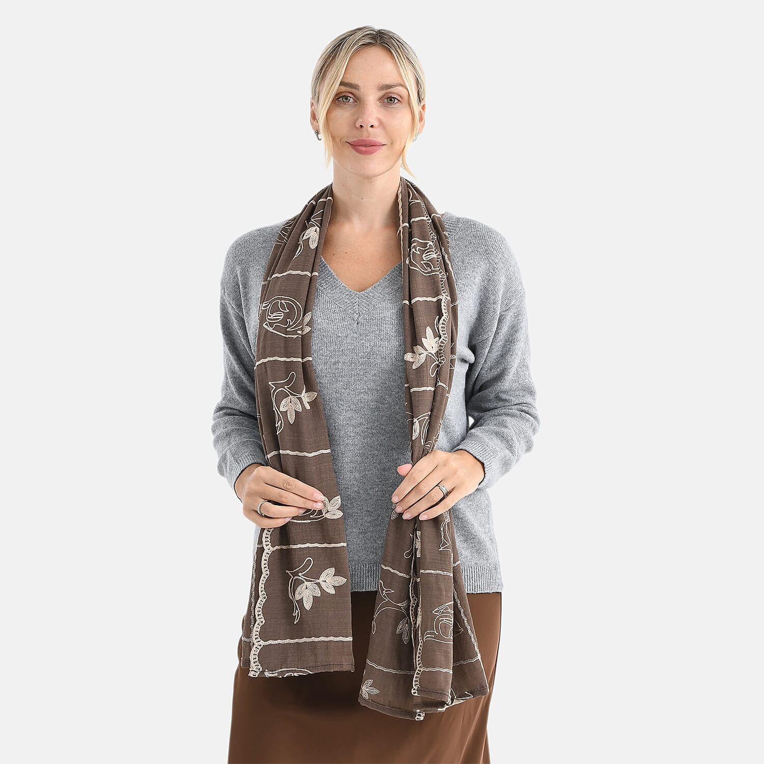 Super Soft Oversized Floral Embroidery Scarf (180 x 65cm) - Brown