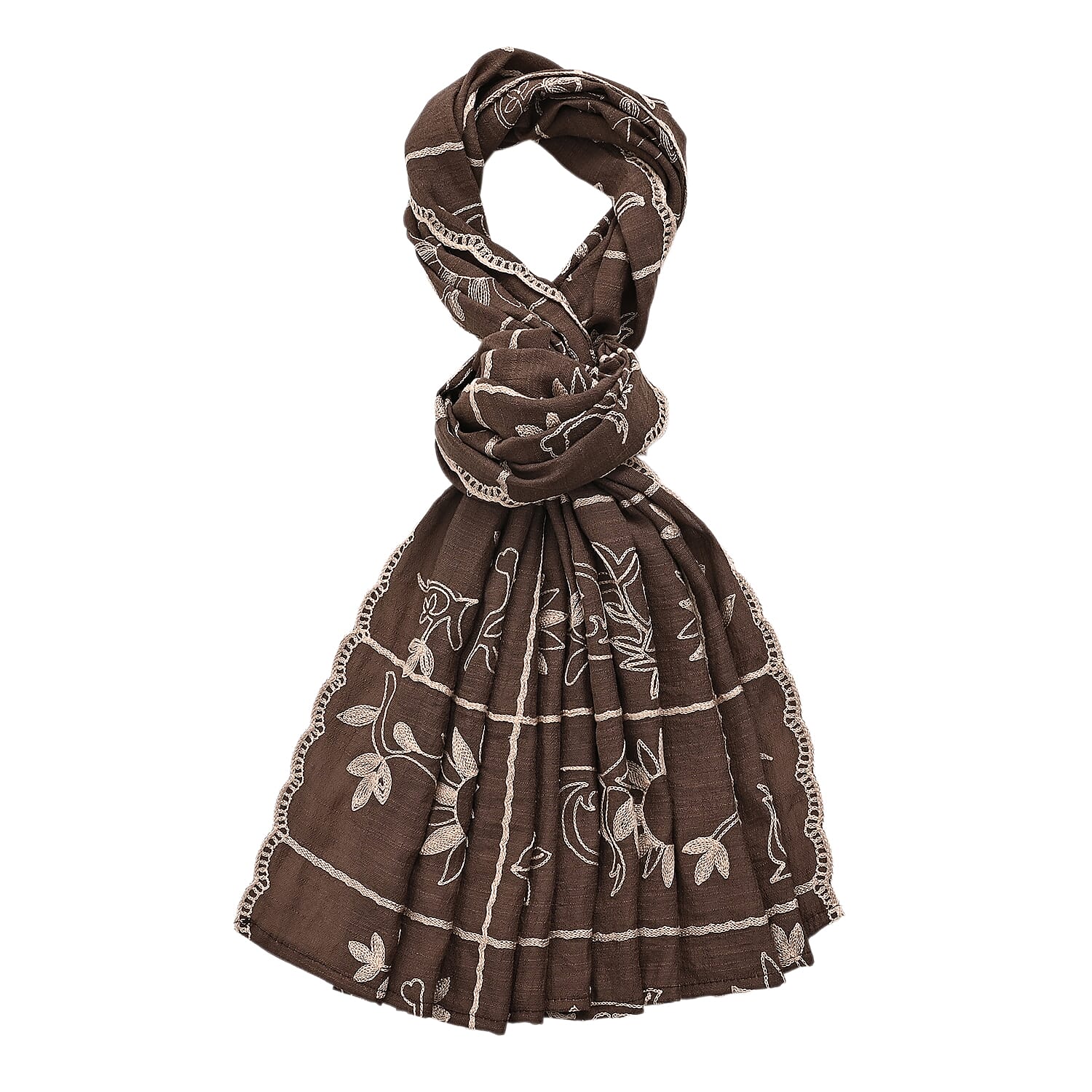 Super Soft Oversized Floral Embroidery Scarf (180 x 65cm) - Brown