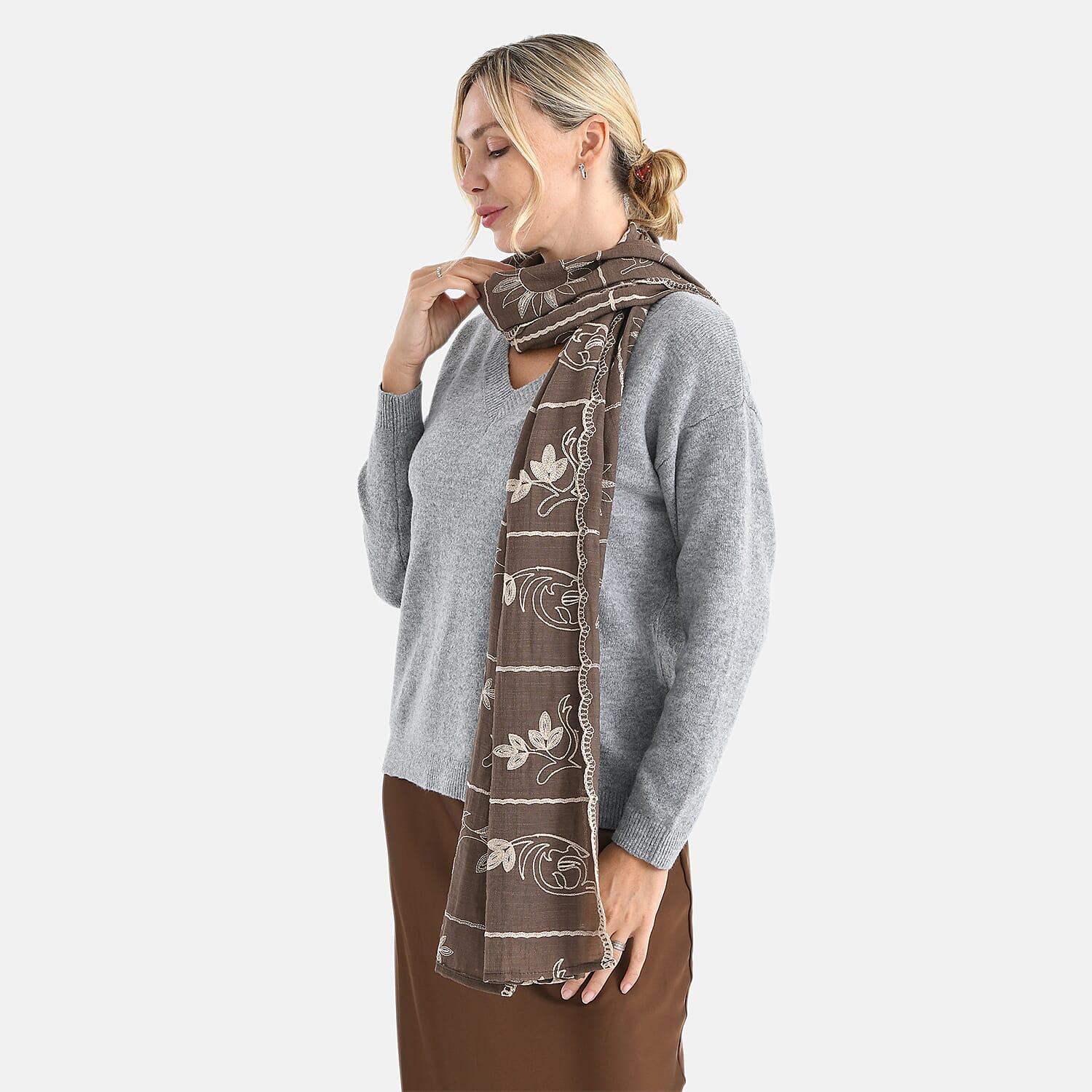 Super Soft Oversized Floral Embroidery Scarf (180 x 65cm) - Brown