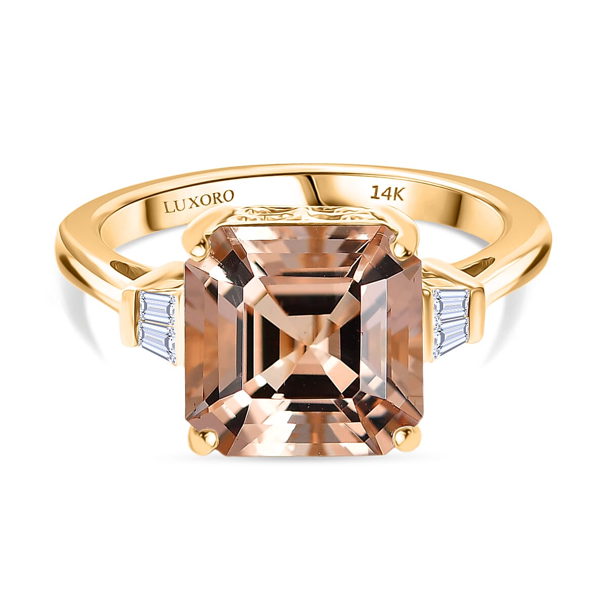 Luxoro 14K Yellow Gold AAA Asscher Cut Marropino Morganite & Natural Diamond Ring 4.82 Ct.
