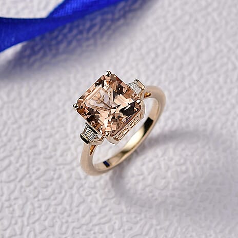 Luxoro 14K Yellow Gold AAA Asscher Cut Marropino Morganite & Natural Diamond Ring 4.82 Ct.