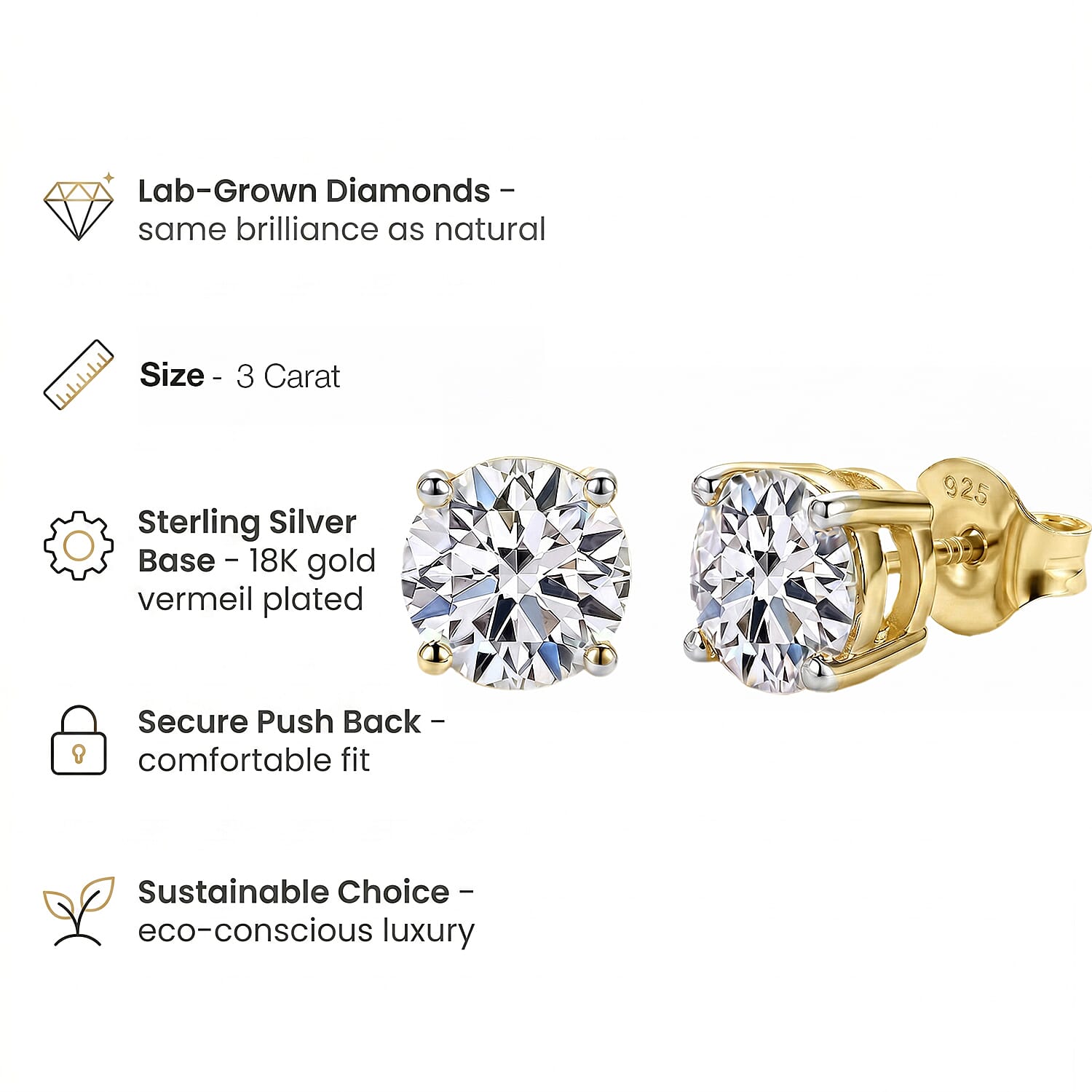 Luxuriant Lab Grown Diamond (SI-GH) Earring with Push Back in 18K Vermeil Yellow Gold Plated Sterling Silver 3.00 Ct.