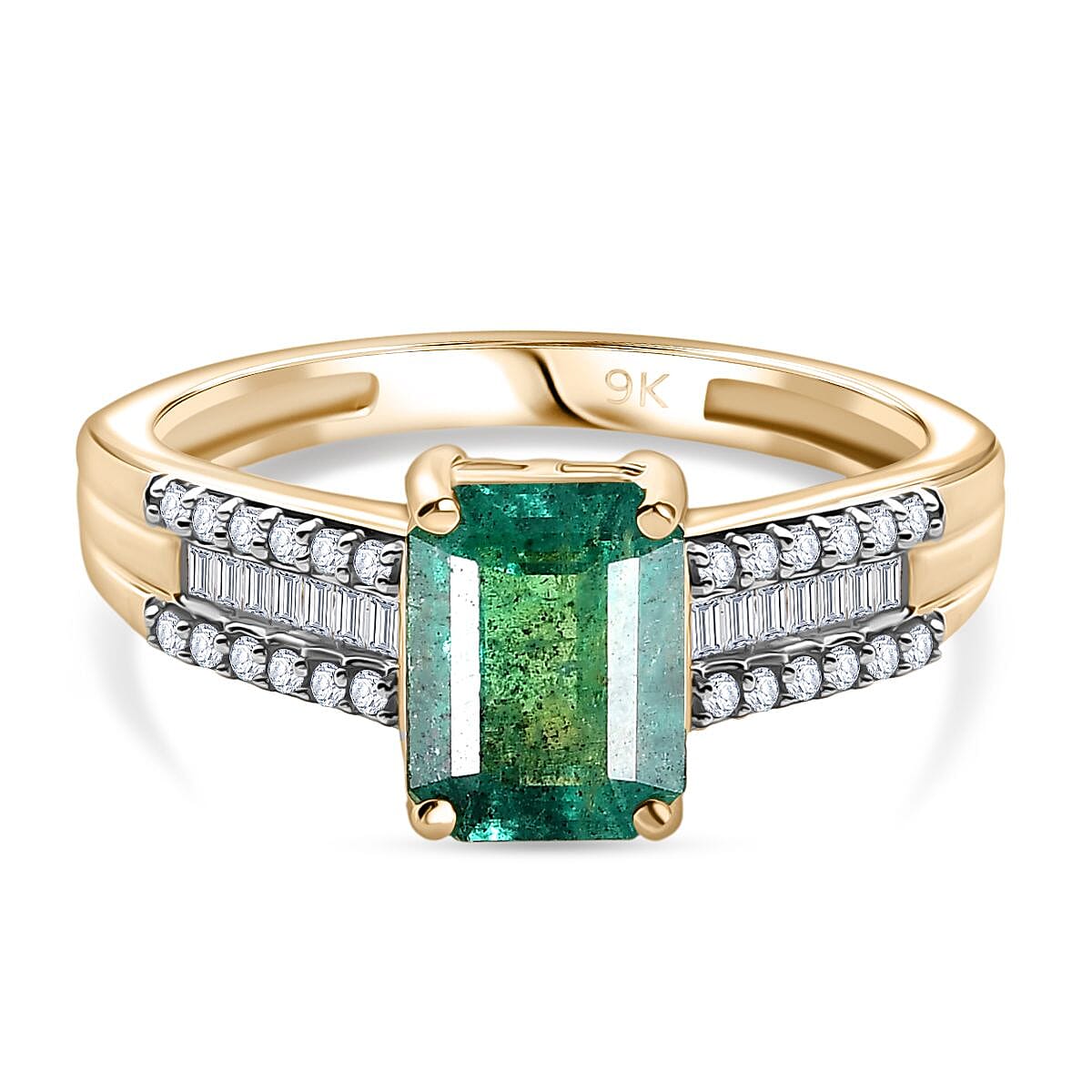 9K Yellow Gold AAA Premium Gemfields Emerald & Natural White Diamond Ring 1.89 Ct.