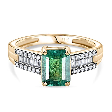9K Yellow Gold AAA Premium Gemfields Emerald & Natural White Diamond Ring 1.89 Ct.