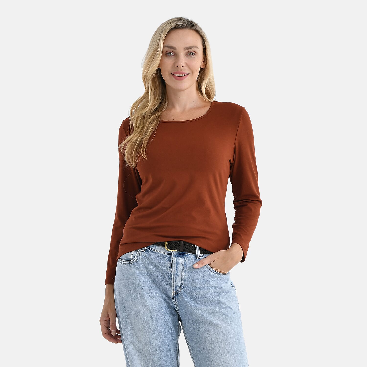 La Marey Viscose Classic Round Neck T-Shirt (Size M) - Brown