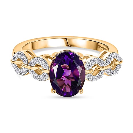 D'Joy African Amethyst, White Zircon Main Stone With Side Stone Ring in 18K YG VermeilSterling Silver  2.077  Ct.