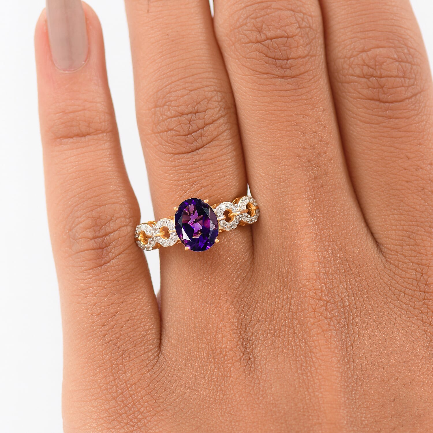 D'Joy African Amethyst, White Zircon Main Stone With Side Stone Ring in 18K YG VermeilSterling Silver  2.077  Ct.