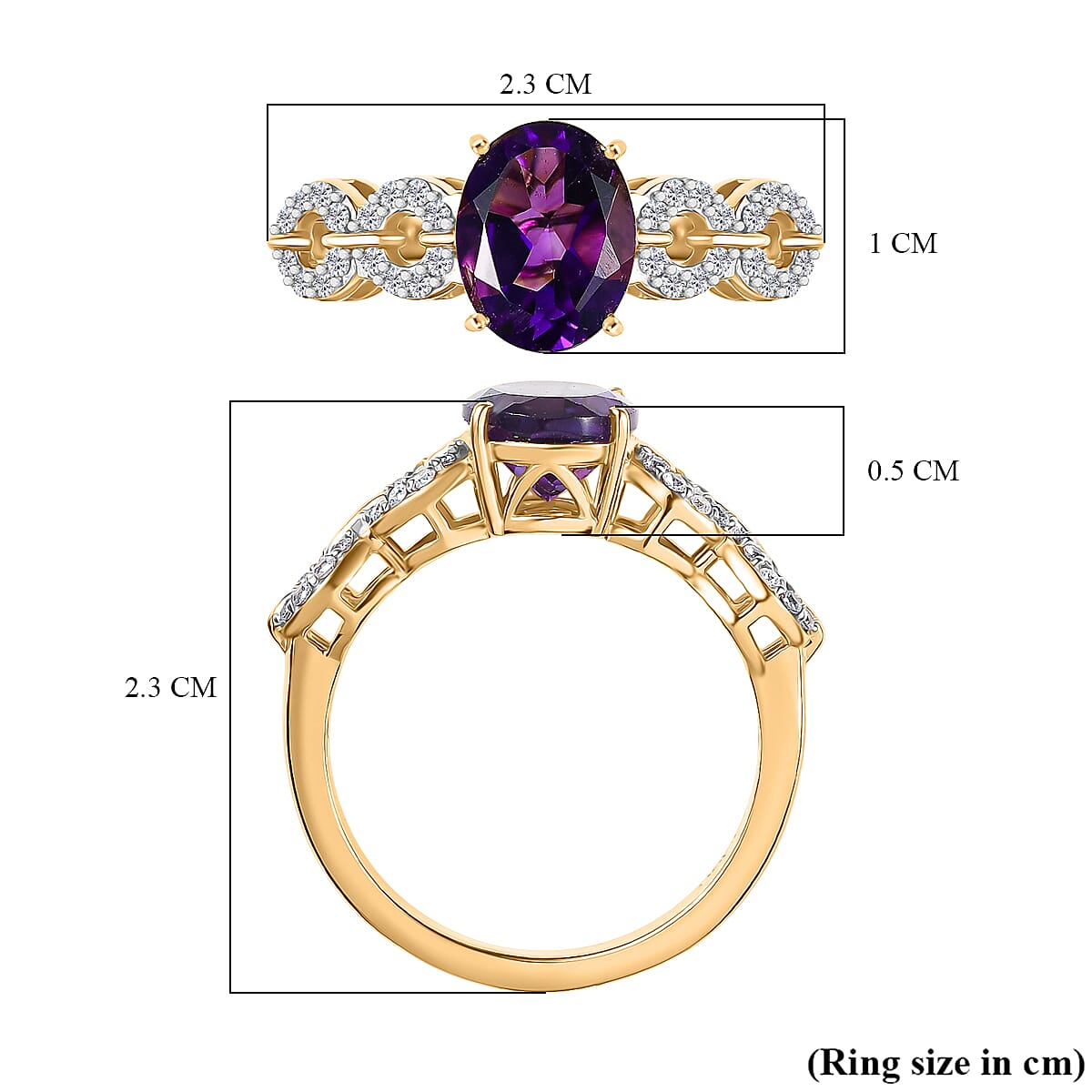 D'Joy African Amethyst, White Zircon Main Stone With Side Stone Ring in 18K YG VermeilSterling Silver  2.077  Ct.