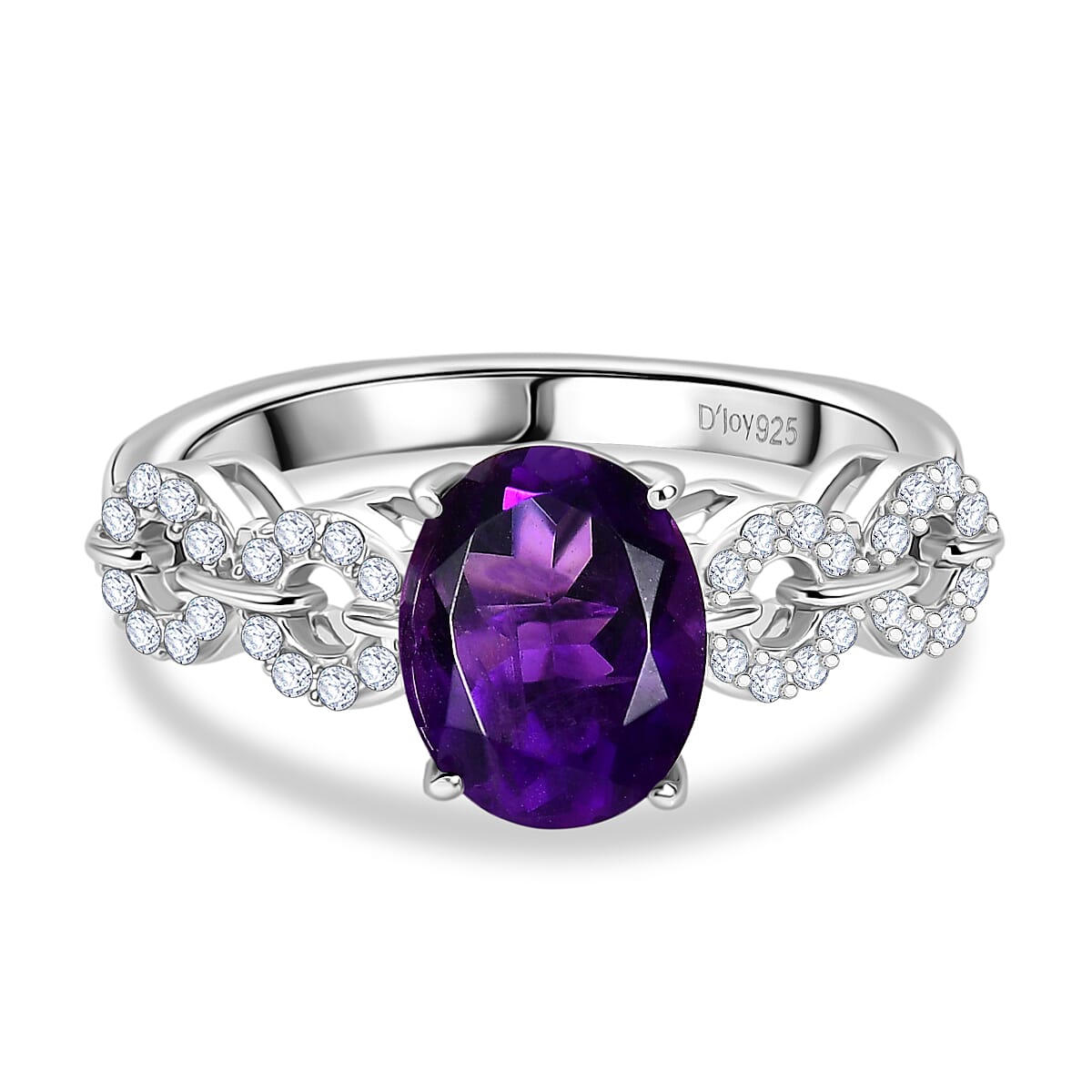 D'Joy African Amethyst, White Zircon Main Stone With Side Stone Ring in Rhodium OverlaySterling Silver  2.077  Ct.