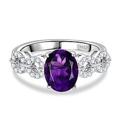 D'Joy African Amethyst White Zircon Main Stone With Side Stone Ring in Sterling Silver 2.077 Ct.