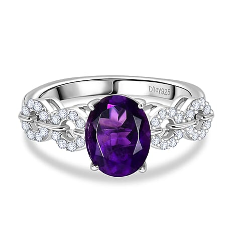 D'Joy African Amethyst, White Zircon Main Stone With Side Stone Ring in Rhodium OverlaySterling Silver  2.077  Ct.