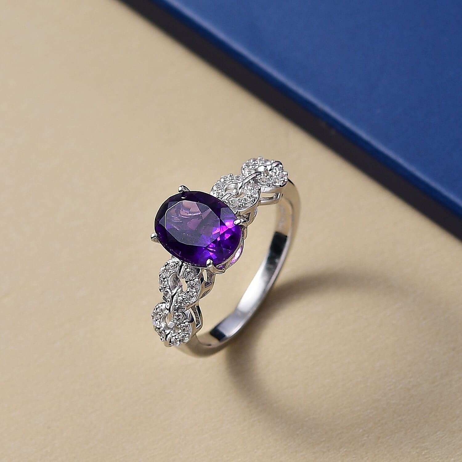 D'Joy African Amethyst, White Zircon Main Stone With Side Stone Ring in Rhodium OverlaySterling Silver  2.077  Ct.