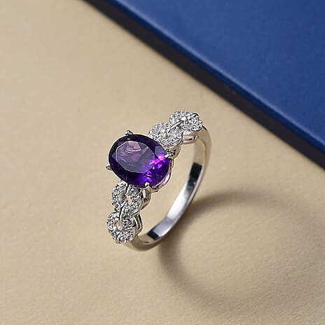 D'Joy African Amethyst, White Zircon Main Stone With Side Stone Ring in Rhodium OverlaySterling Silver  2.077  Ct.