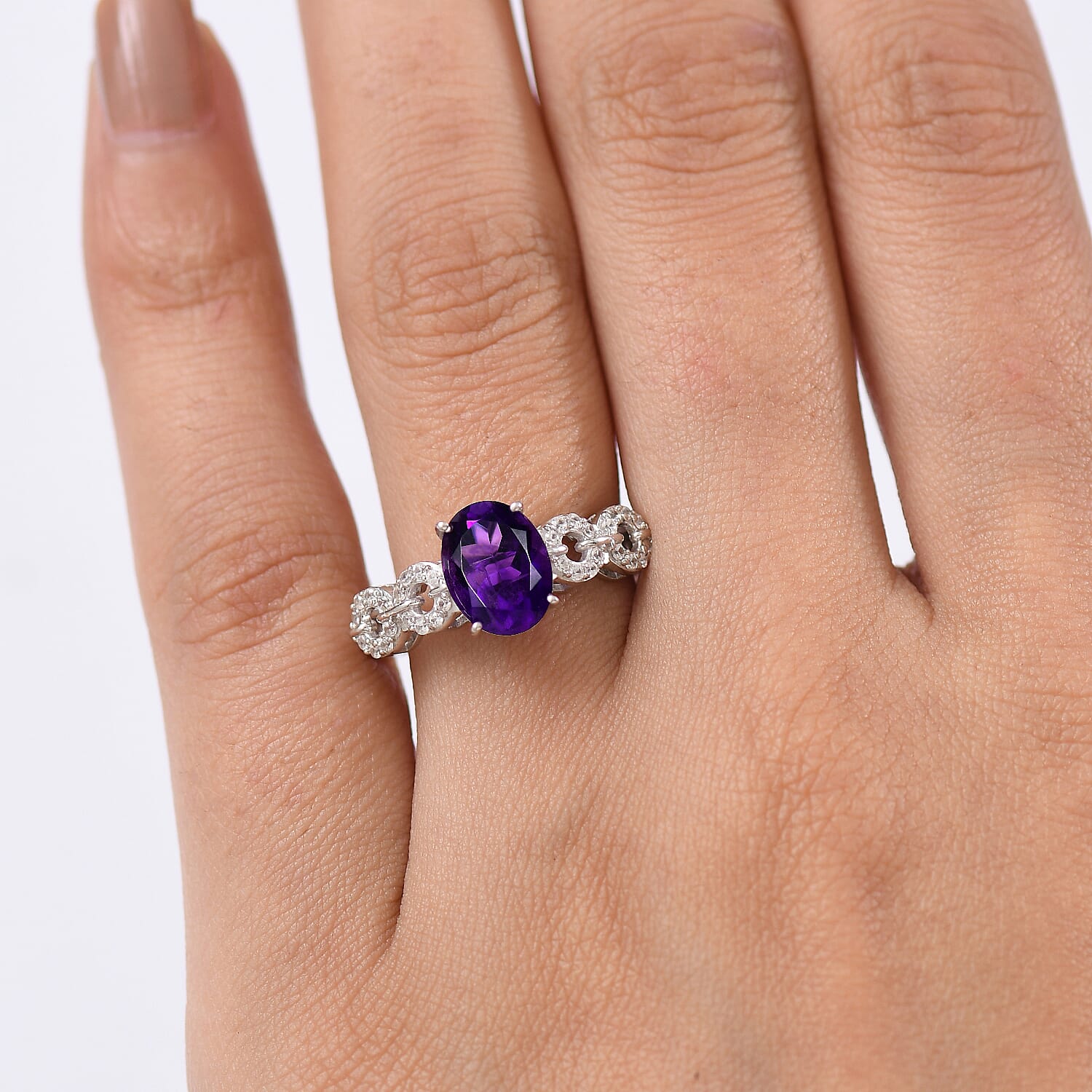 D'Joy African Amethyst, White Zircon Main Stone With Side Stone Ring in Rhodium OverlaySterling Silver  2.077  Ct.