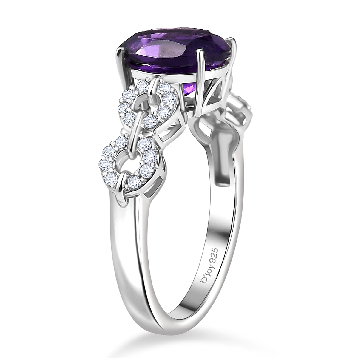 D'Joy African Amethyst, White Zircon Main Stone With Side Stone Ring in Rhodium OverlaySterling Silver  2.077  Ct.