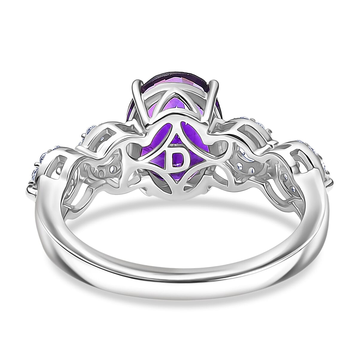 D'Joy African Amethyst, White Zircon Main Stone With Side Stone Ring in Rhodium OverlaySterling Silver  2.077  Ct.