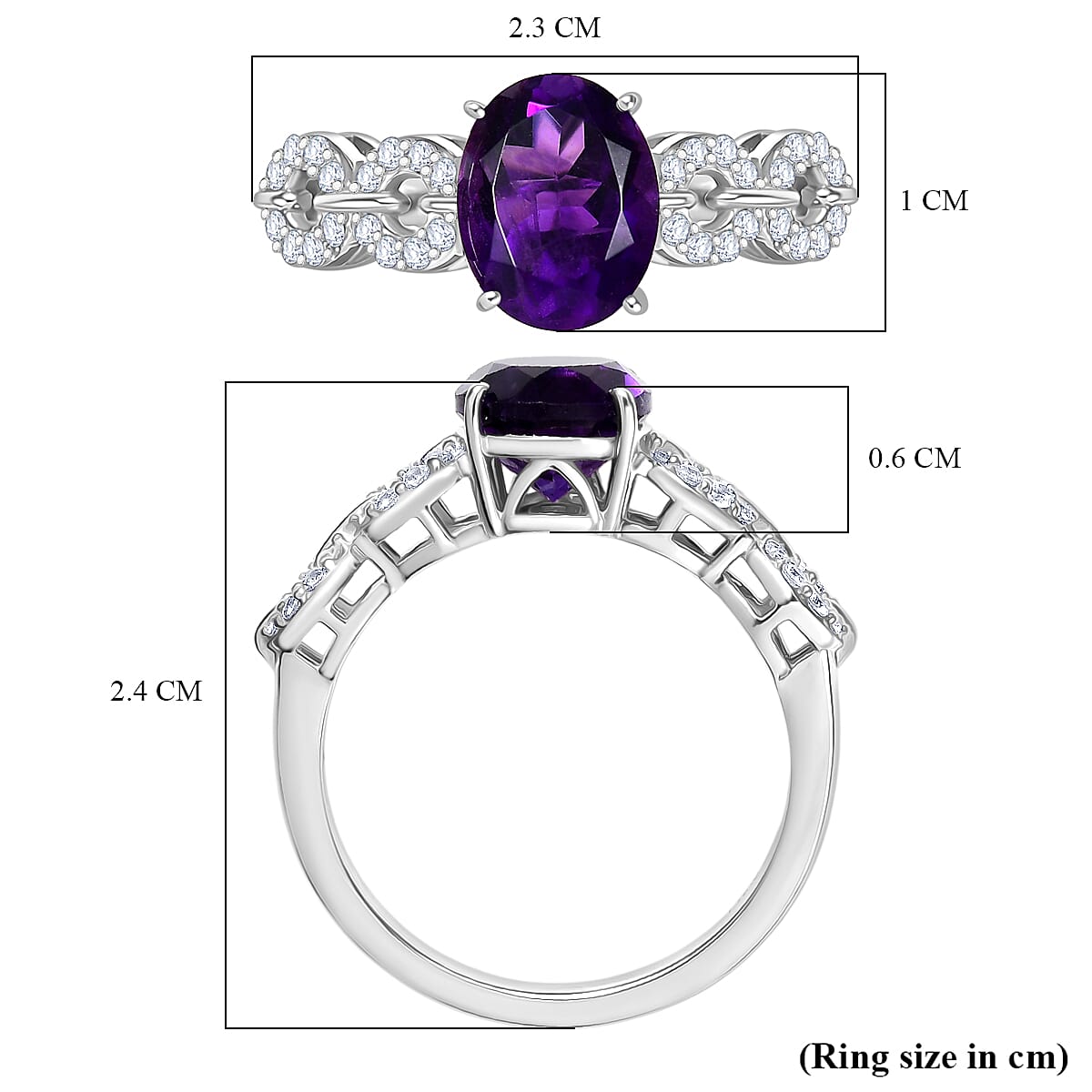 D'Joy African Amethyst, White Zircon Main Stone With Side Stone Ring in Rhodium OverlaySterling Silver  2.077  Ct.