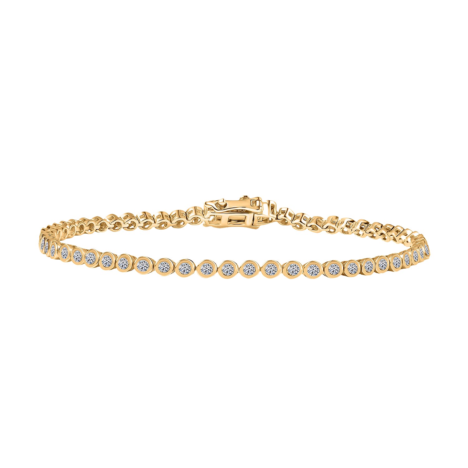 Luxuriant Lab Grown Diamond (SI-GH) Tennis Bracelet 1 Row (Size 7.5) with GB Lock Box in 18K Vermeil Yellow Gold Plated Sterling Silver 2.07 Ct, Silver Wt. 8.04 Gms.