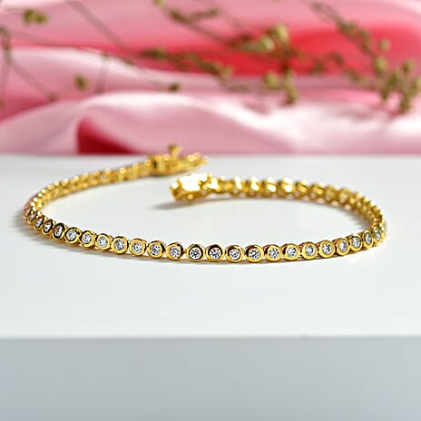 Luxuriant Lab Grown Diamond (SI-GH) Line Bracelet 1 Row (Size 7.5) with GB Lock Box in 18K Vermeil Yellow Gold Plated Sterling Silver 3.06 Ct, Silver Wt. 9.32 Gms.