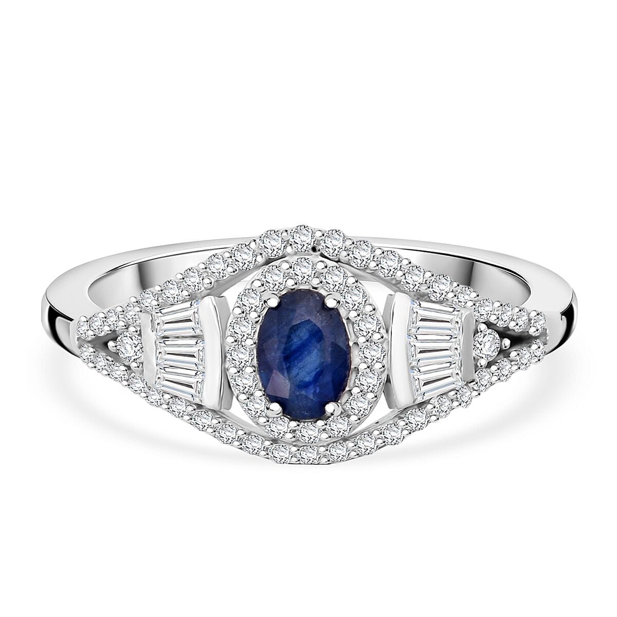 D'Joy Kanchanaburi Blue Sapphire & Moissanite Ring in Rhodium Overlay Sterling Silver 1.21 Ct.