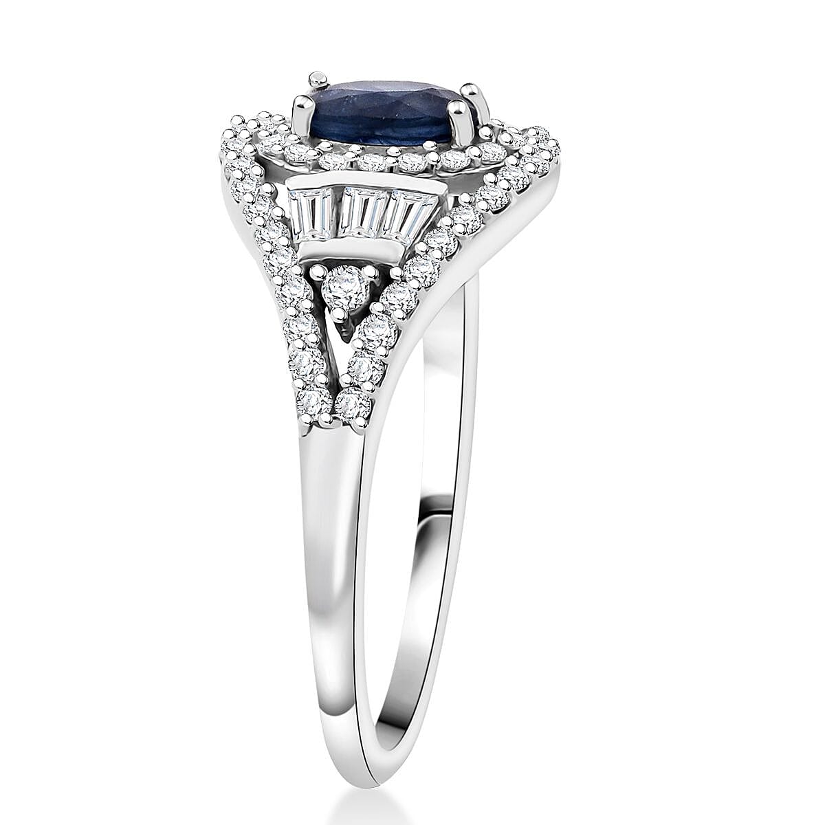 D'Joy Kanchanaburi Blue Sapphire & Moissanite Ring in Rhodium Overlay Sterling Silver 1.21 Ct.