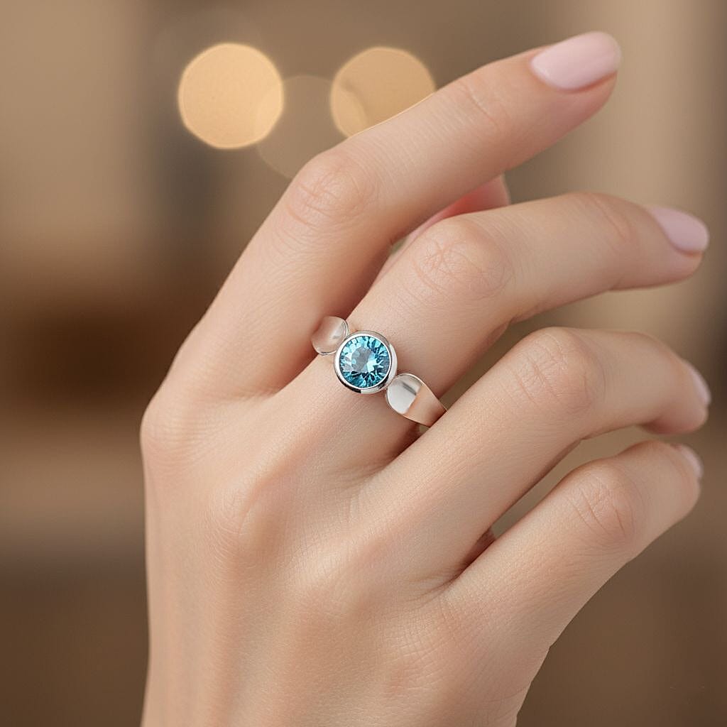 D'Joy Blue Zircon Ring in Rhodium Overlay Sterling Silver 1.33 Ct.