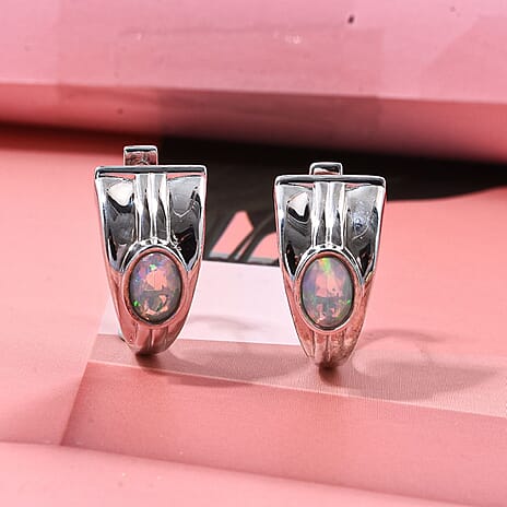D'Joy Ethiopian Opal Earring with Clasp in Rhodium Overlay Sterling Silver 1.00 Ct, Silver Wt. 8.50 Gms.