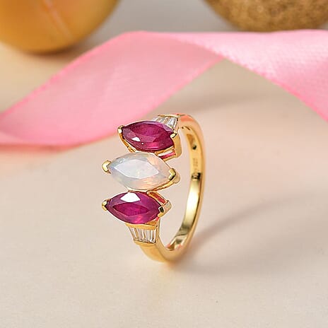 D'Joy Ethiopian Opal, African Ruby, White Zircon Main Stone With Side Stone Ring in 18K YG VermeilSterling Silver  2.639  Ct.