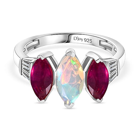 D'Joy Ethiopian Opal, African Ruby, White Zircon Main Stone With Side Stone Ring in Rhodium OverlaySterling Silver  2.639  Ct.