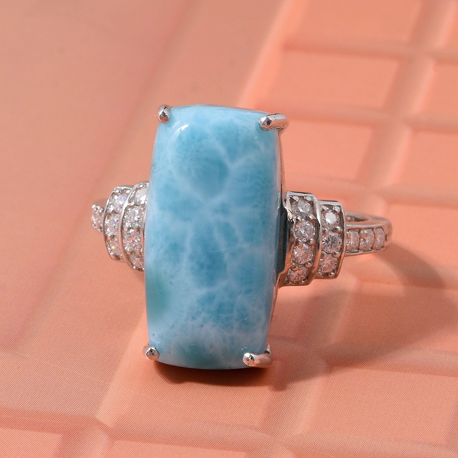 D'Joy Larimar & Moissanite Ring in Rhodium Overlay Sterling Silver 9.58 Ct.