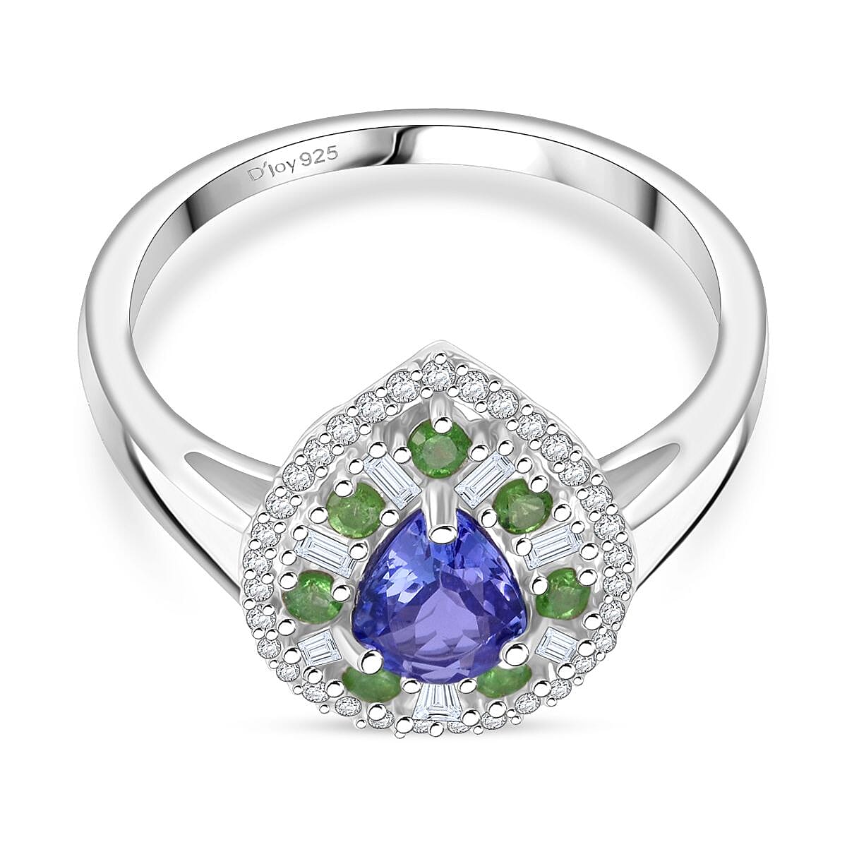 D'Joy Tanzanite, Tsavorite Garnet & Moissanite Ring in Rhodium Overlay Sterling Silver 1.22 Ct.