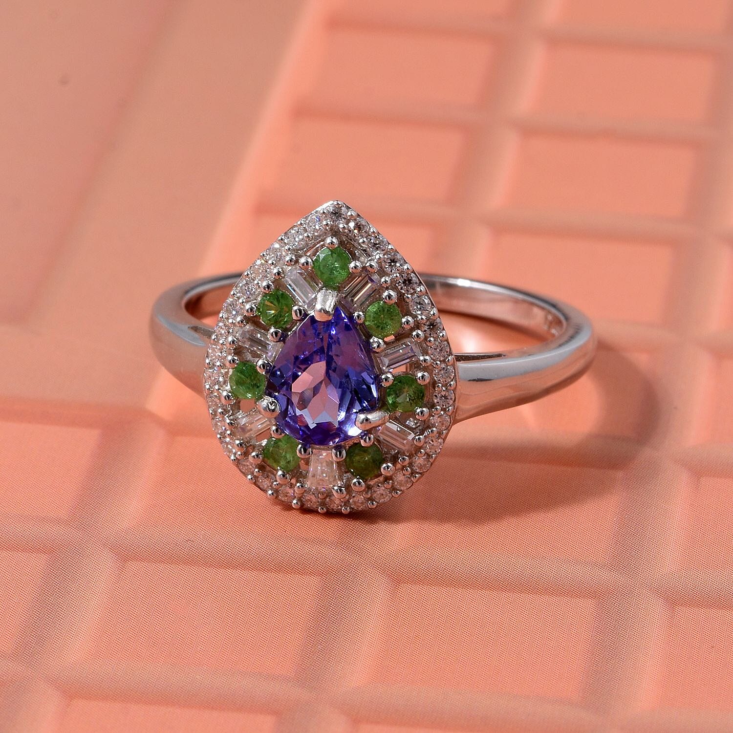 D'Joy Tanzanite, Tsavorite Garnet & Moissanite Ring in Rhodium Overlay Sterling Silver 1.22 Ct.