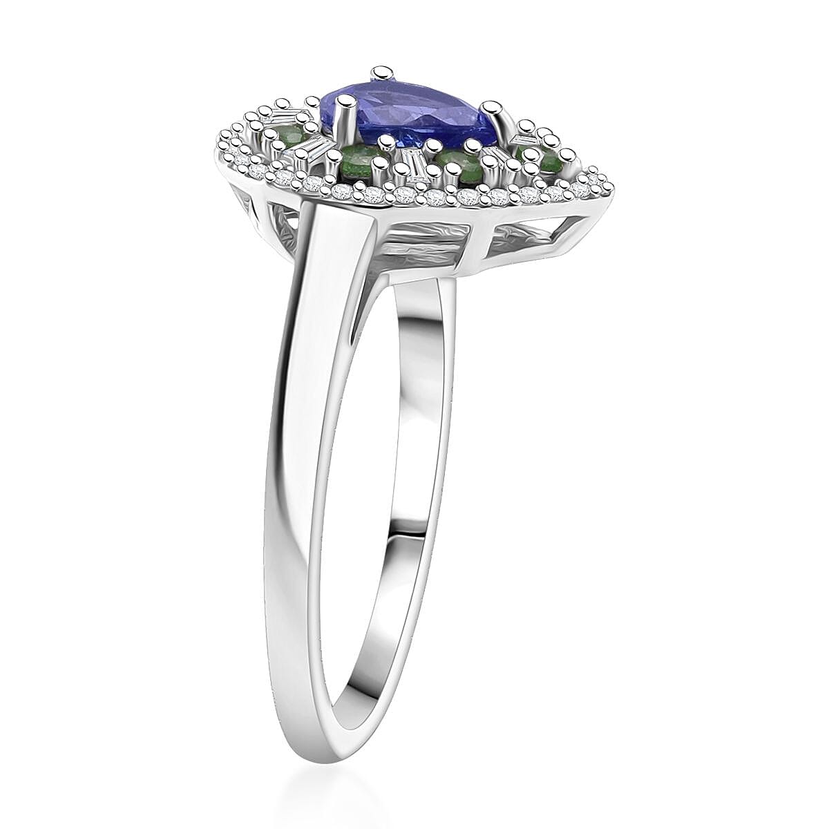 D'Joy Tanzanite, Tsavorite Garnet & Moissanite Ring in Rhodium Overlay Sterling Silver 1.22 Ct.