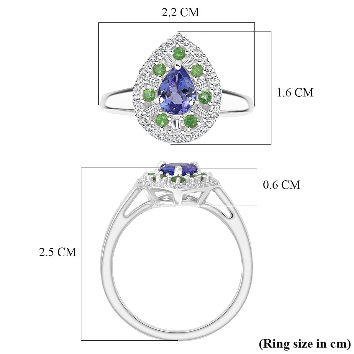 D'Joy Tanzanite, Tsavorite Garnet & Moissanite Ring in Rhodium Overlay Sterling Silver 1.22 Ct.