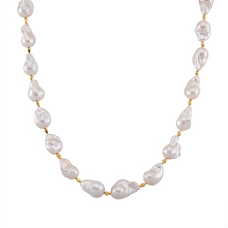 D'Joy AAAA White Baroque Pearl Necklace (Size 20) in Yellow Plating in Sterling Silver 450.00 Ct, Silver Wt. 7.00 Gms.