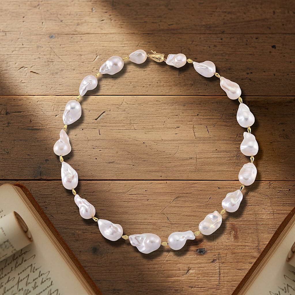 D'Joy AAAA White Baroque Pearl Necklace (Size 20) in Yellow Plating in Sterling Silver 450.00 Ct, Silver Wt. 7.00 Gms.