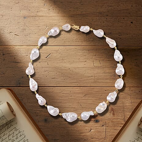 D'Joy AAAA White Baroque Pearl Necklace (Size 20) in Yellow Plating in Sterling Silver