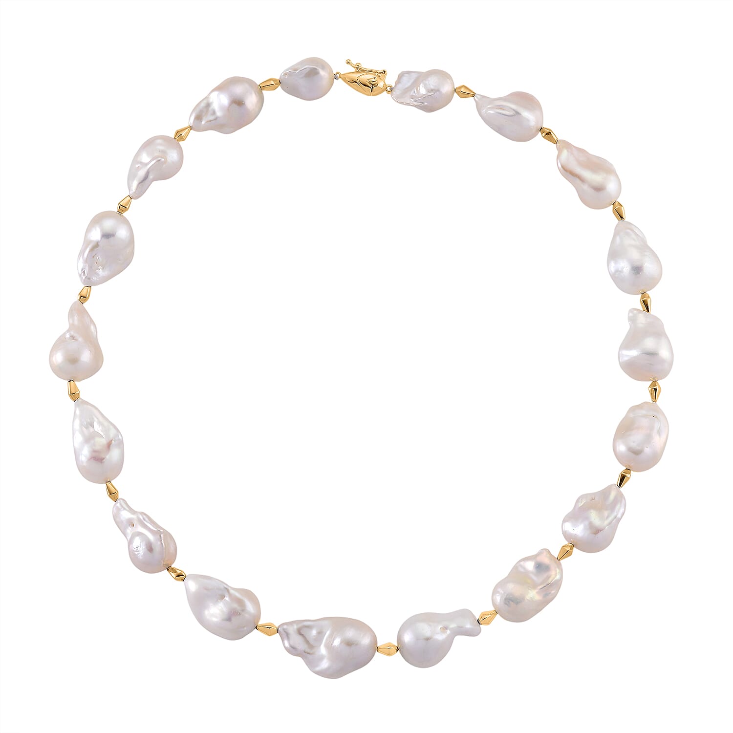 D'Joy AAAA White Baroque Pearl Necklace (Size 20) in Yellow Plating in Sterling Silver 450.00 Ct, Silver Wt. 7.00 Gms.