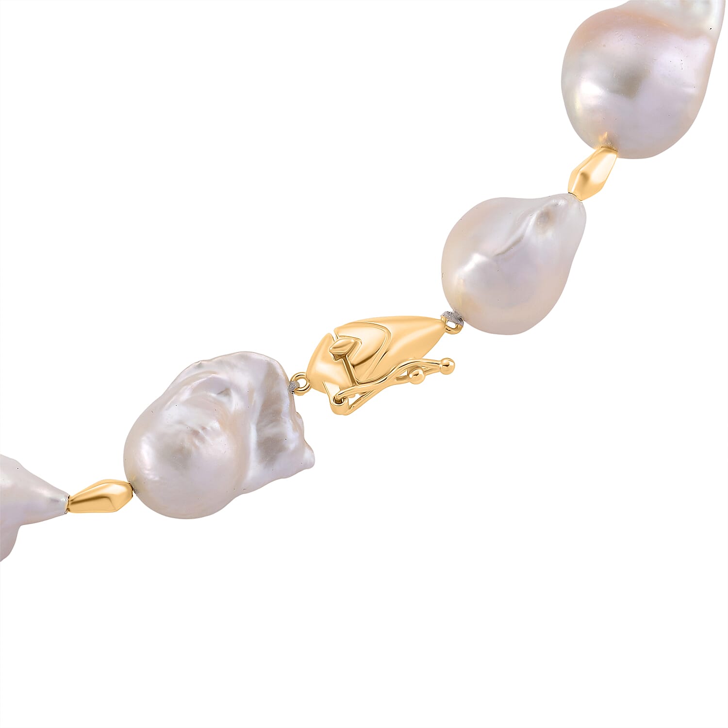 D'Joy AAAA White Baroque Pearl Necklace (Size 20) in Yellow Plating in Sterling Silver 450.00 Ct, Silver Wt. 7.00 Gms.