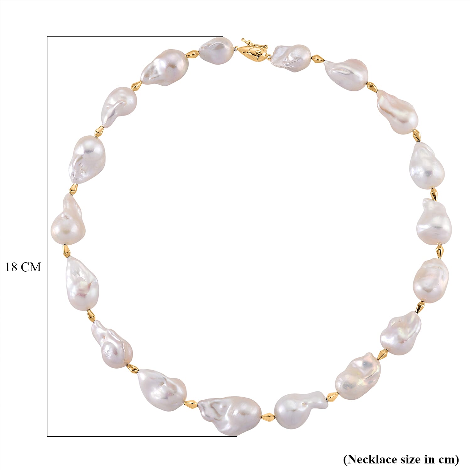 D'Joy AAAA White Baroque Pearl Necklace (Size 20) in Yellow Plating in Sterling Silver 450.00 Ct, Silver Wt. 7.00 Gms.