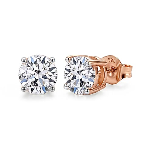 Luxuriant Lab Grown Diamond (SI-GH) Solitaire Stud Push Post Earring in 18K Vermeil Rose Gold Plated Sterling Silver 3.00 Ct.