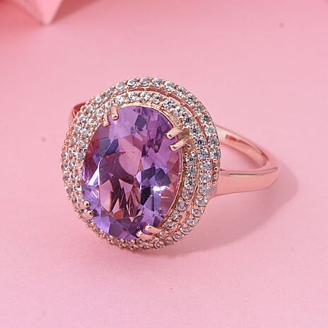 D'Joy Rose De France Amethyst & White Zircon Ring in 18K Vermeil Rose Gold Plated Sterling Silver 6.34 Ct.