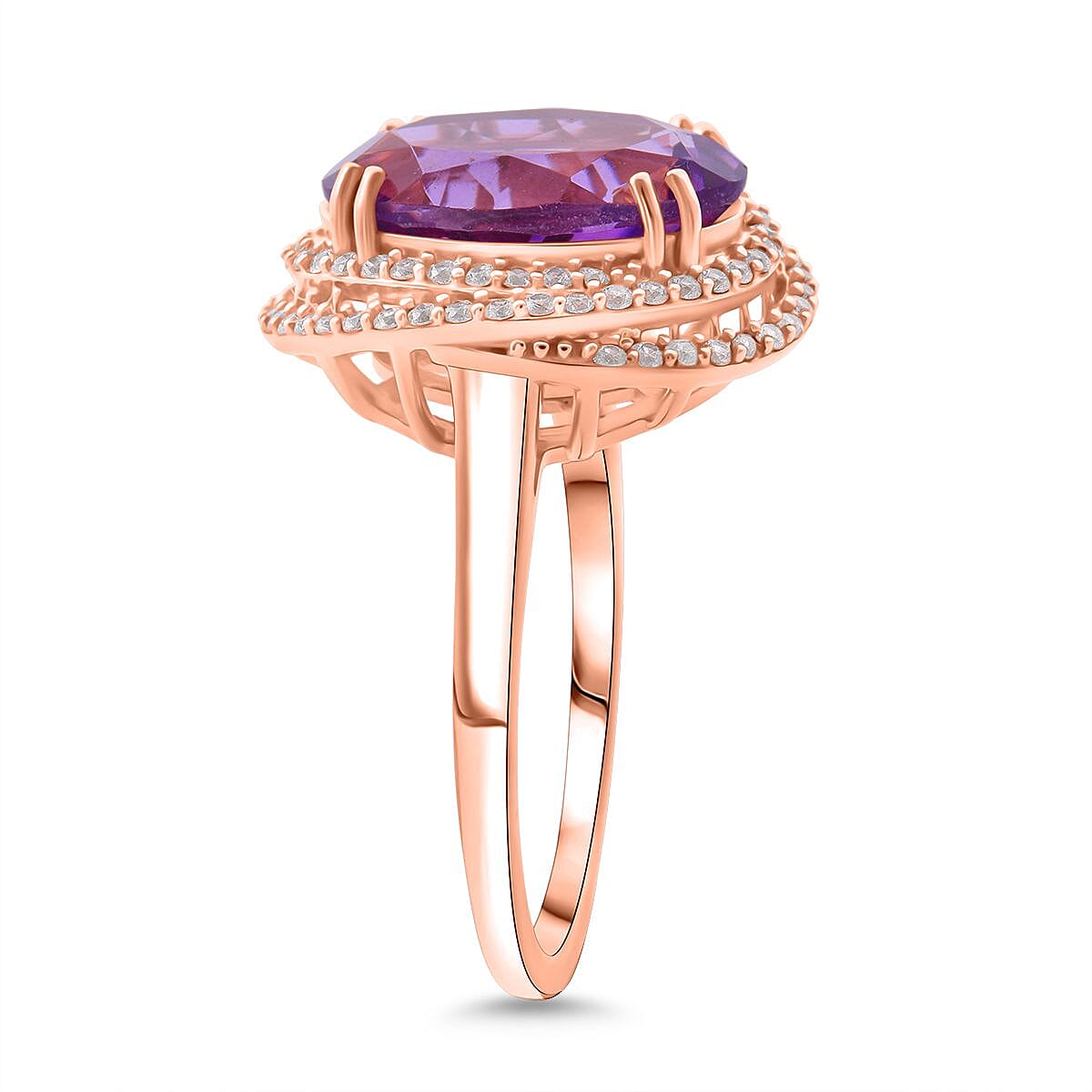 D'Joy Rose De France Amethyst, White Zircon Ring in 18K RG VermeilSterling Silver  6.340  Ct.