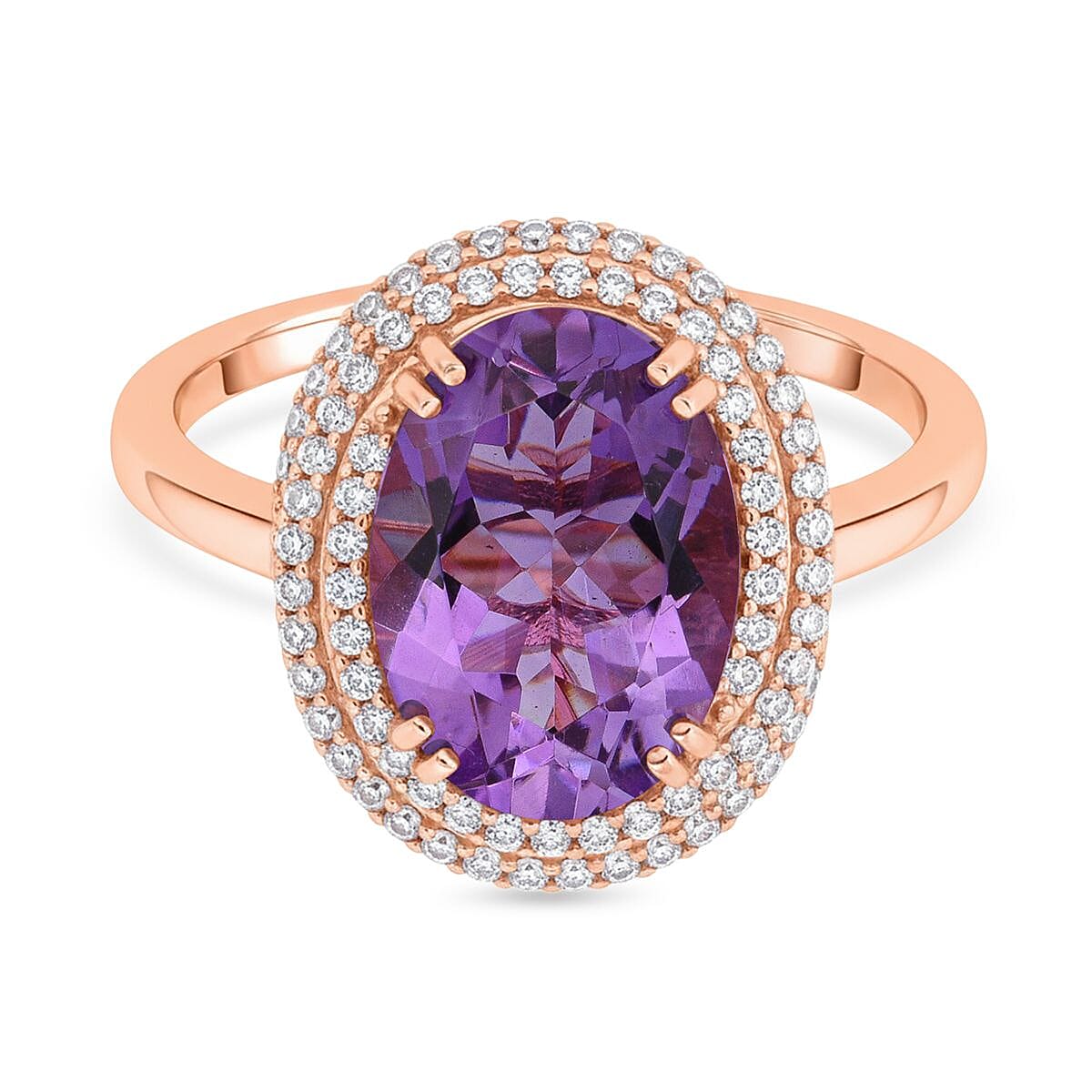 D'Joy Rose De France Amethyst & White Zircon Halo Ring in 18K Vermeil Rose Gold Plated Sterling Silver 6.34 Ct.